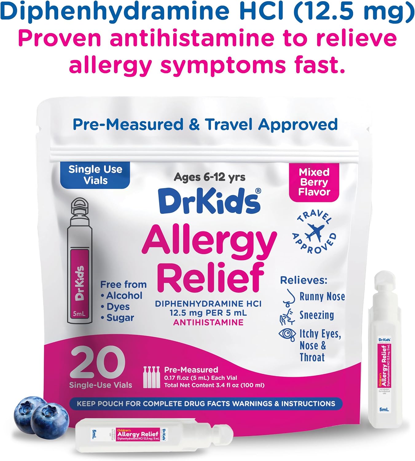 Dr. Kids Medicina Infantil para Alergias, Sabor Bayas Mixtas, 20 Viales Premedidos con Difenhidramina 12.5 mg