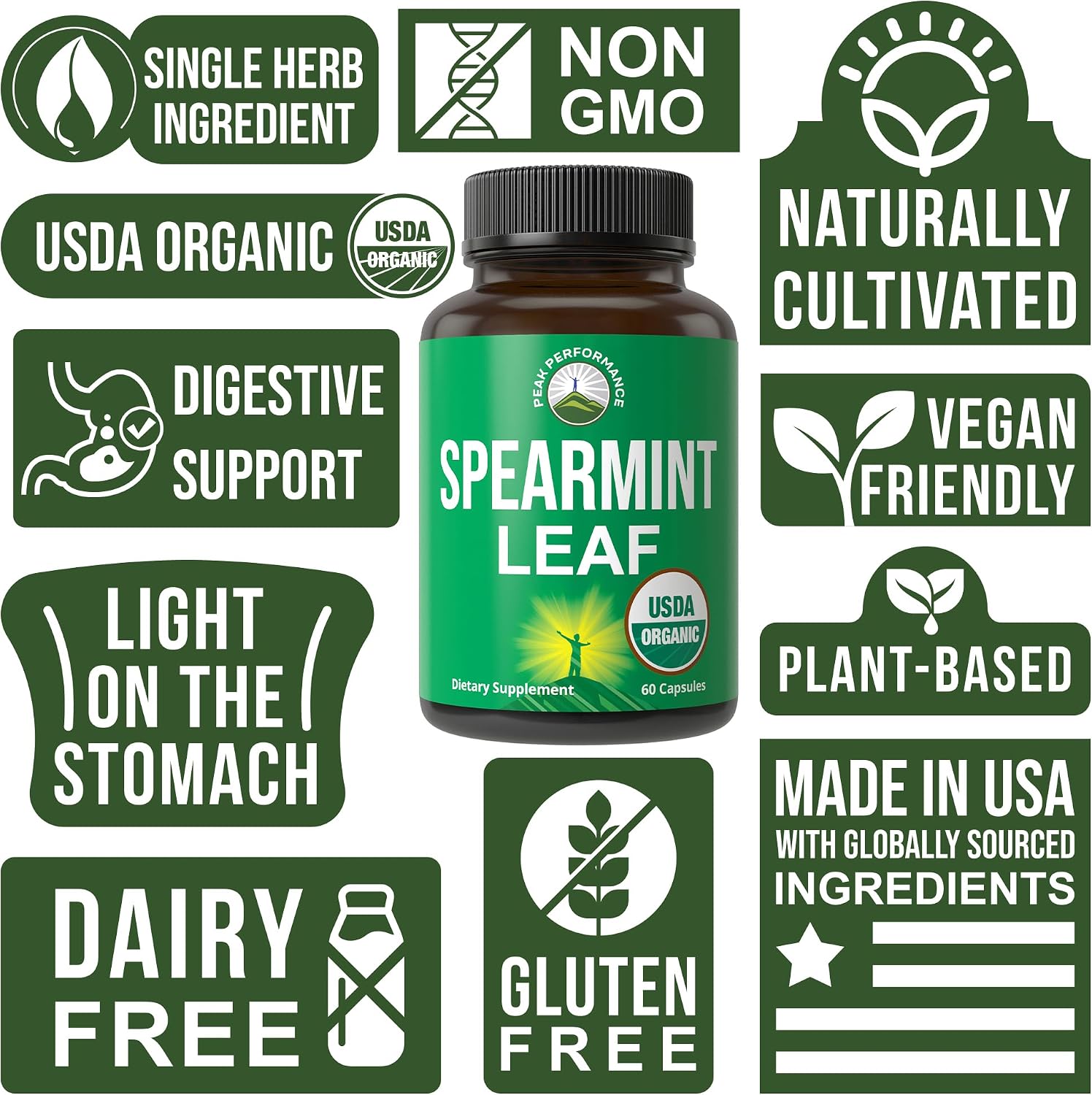 Peak Performance Cápsulas de Menta Verde Orgánicas USDA