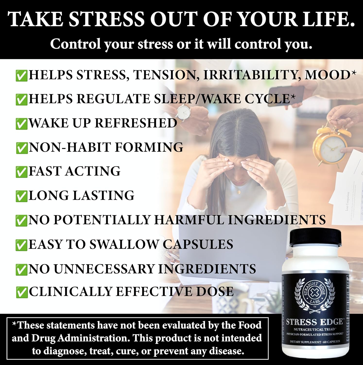 Stress Edge Suplemento para el Alivio del Estrés, Mejorador del Estado de Ánimo Natural, Formulado por Médicos, Calma Mente y Cuerpo, Mejora el Sueño, Acción Rápida, 30 Dosis