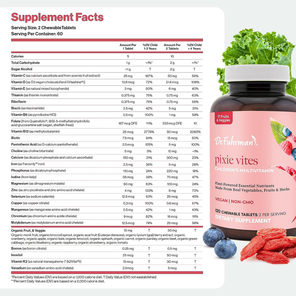 Dr. Fuhrman Pixie Vites Multivitamínico Infantil Masticable - 120 Comprimidos Sabor Bayas