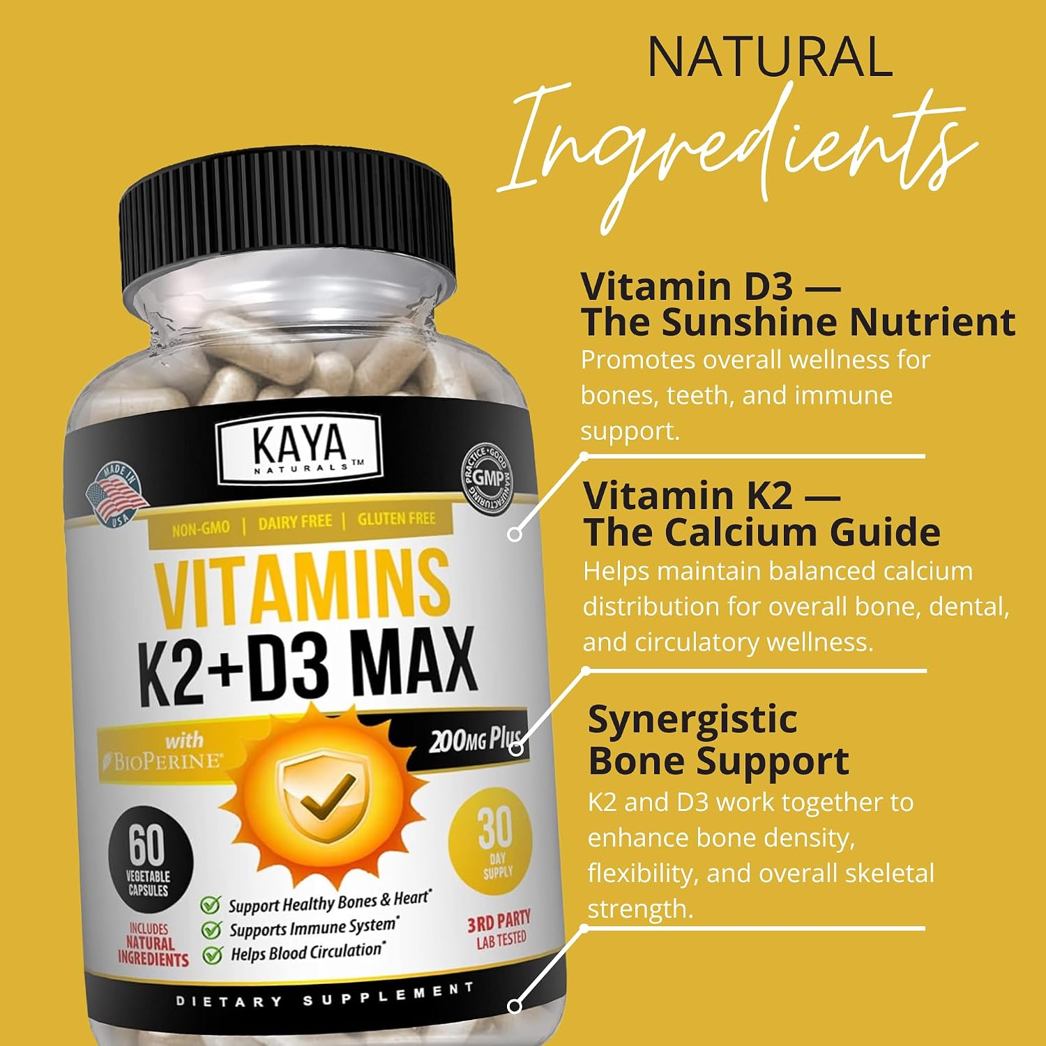 Kaya Naturals Vitamina D3 5000IU con K2 MK-7 - 60 Cápsulas Veganas