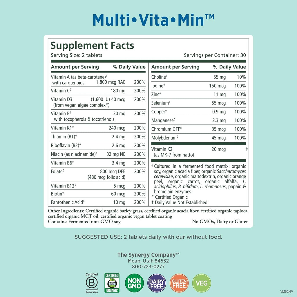 PURE SYNERGY Multi·Vita·Min - Multivitamínico Vegano con Alimentos Integrales Orgánicos (60 Comprimidos)