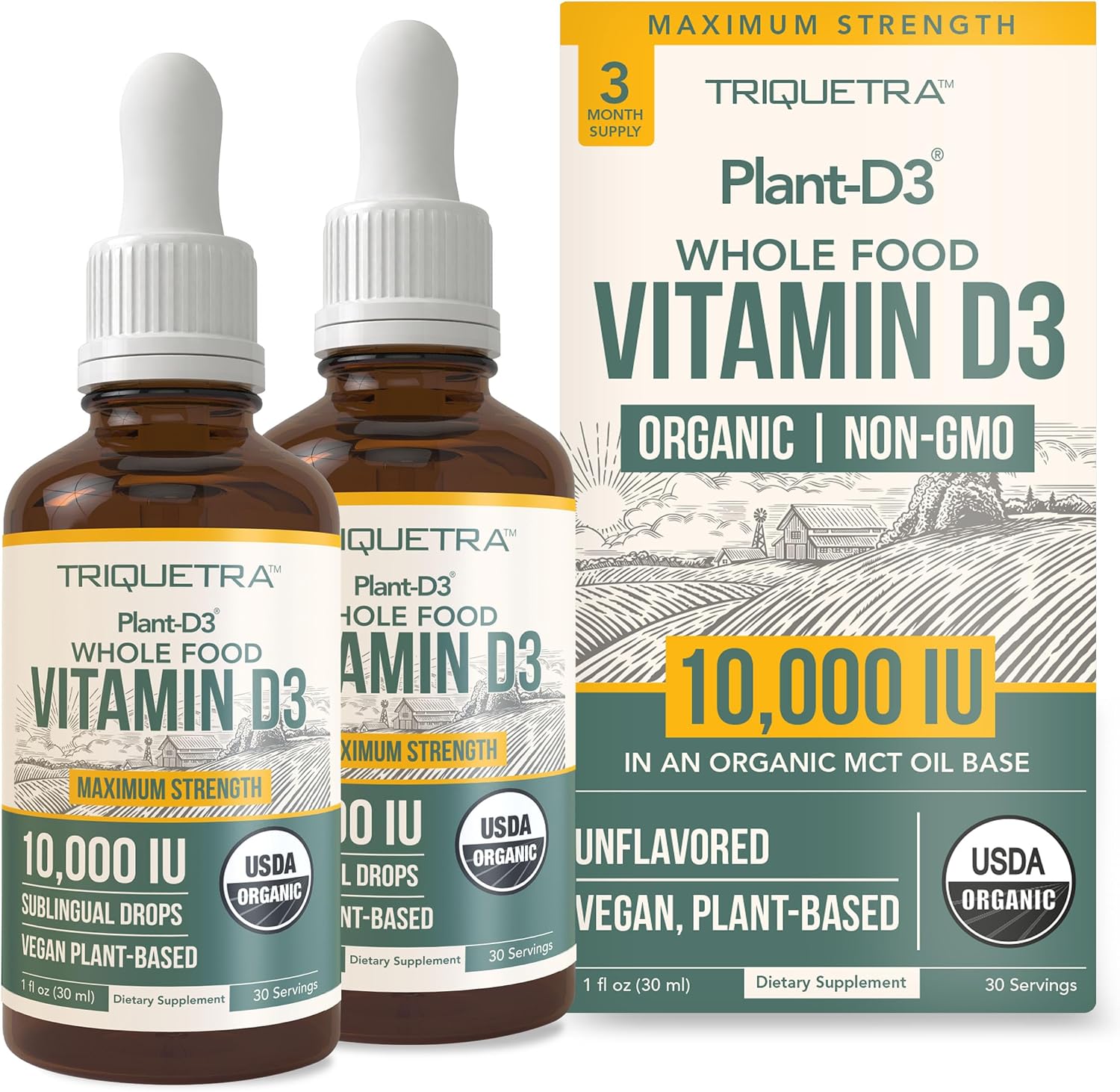 Vitamina D3 Orgánica 10.000 UI - Gotas Sublinguales Veganas de Alta Absorción - Triquetra Health