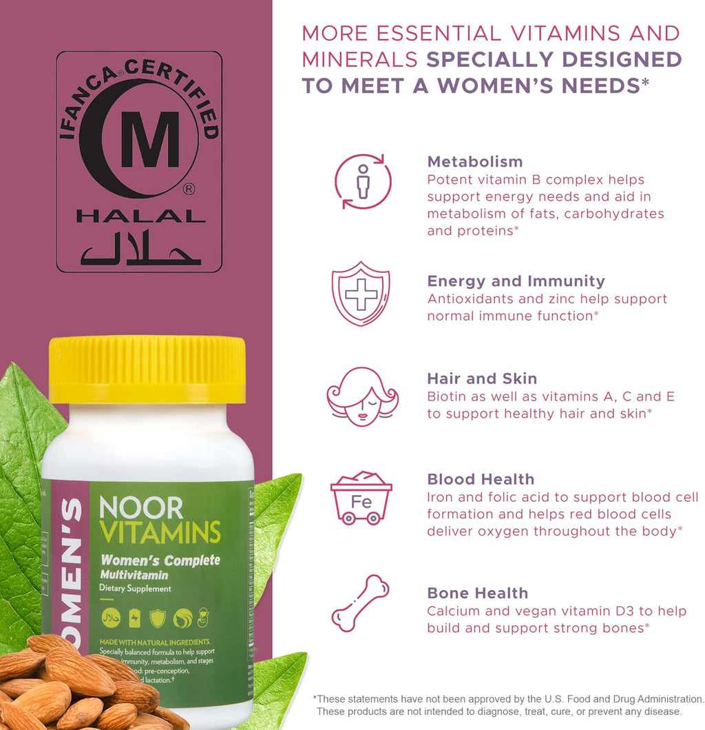 Noor Vitamins Multivitamínico para Mujeres Halal y Vegano | 60 Cápsulas (2 Meses)