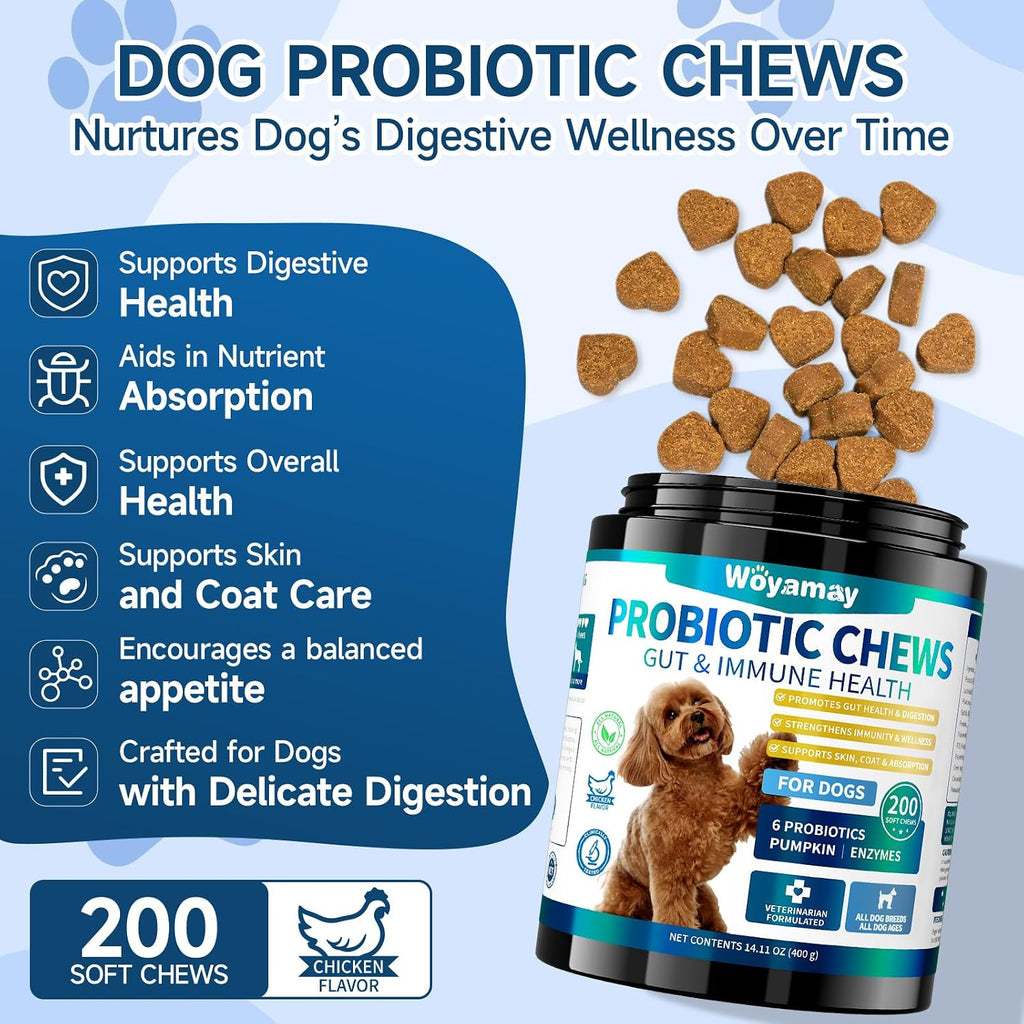 Woyamay Probióticos para Perros, 200 Snacks Blandos - Salud Digestiva e Inmunidad