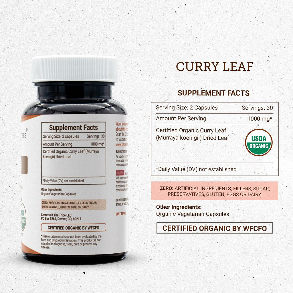 Secrets of the Tribe Cápsulas de Hoja de Curry Orgánicas | Suplemento Herbal Vegetariano | 60 Cápsulas