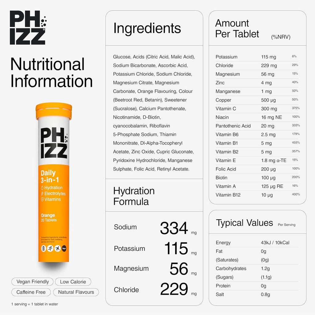 Phizz Electrolyte Multivitamin Rehydration Tablets - 19 Vitaminas y Minerales, Naranja (20 Comprimidos)