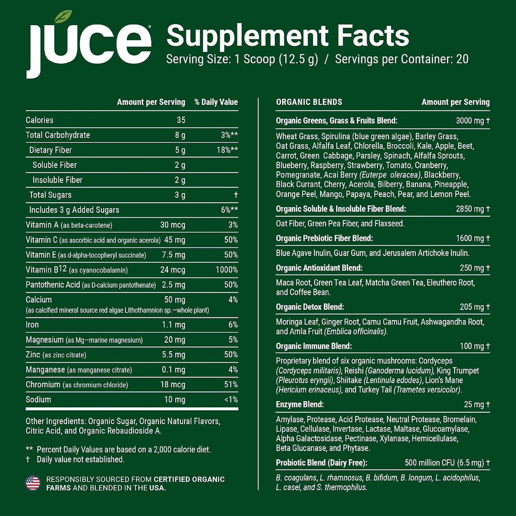 Juce Greens Organic Superfood Powder - 77 Superfoods con Hongos Adaptógenos y Probióticos - Sabor Manzana (20 Servicios)