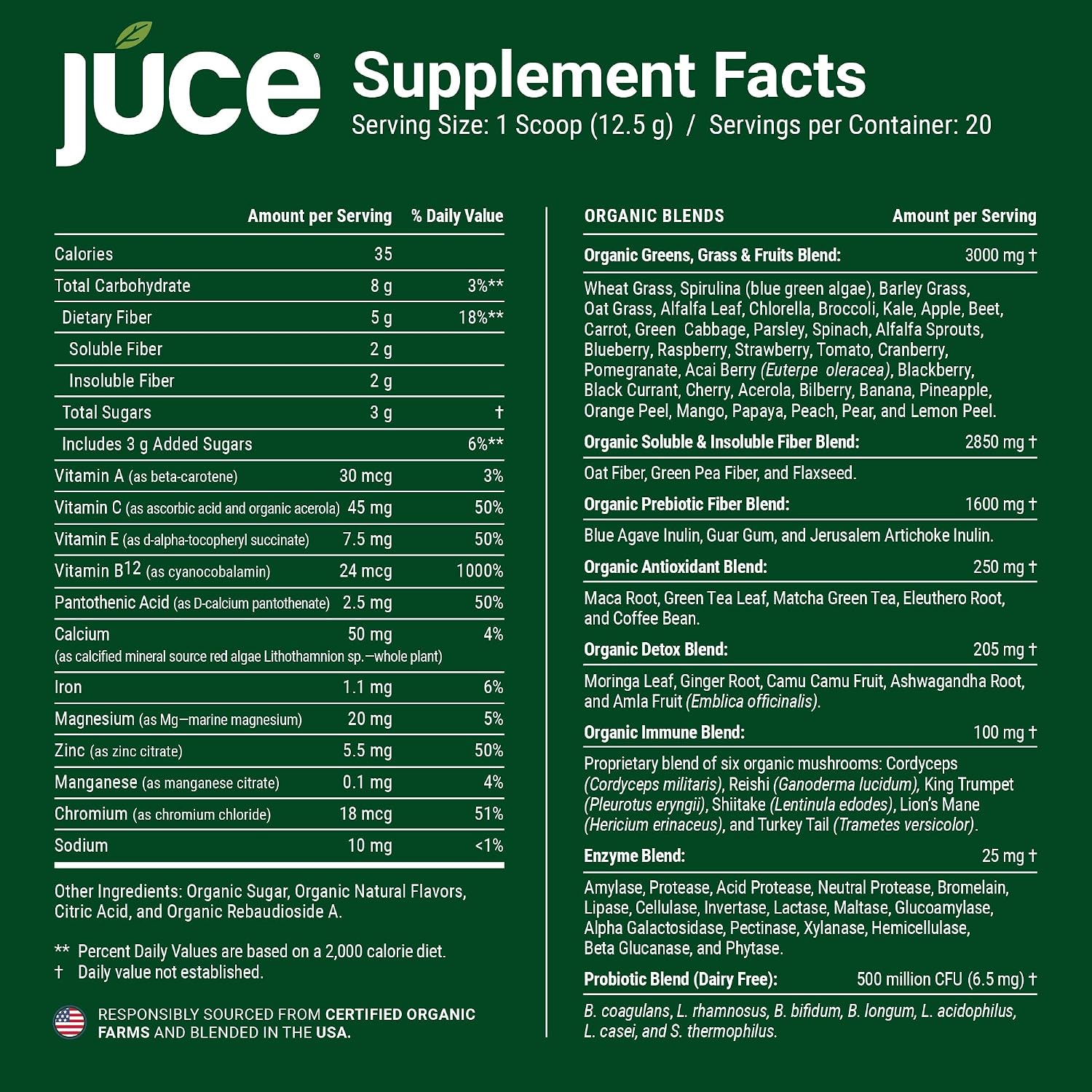 Juce Greens Organic Superfood Powder - 77 Superfoods con Hongos Adaptógenos y Probióticos - Sabor Manzana (20 Servicios)