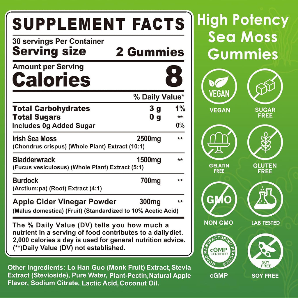 Sea Moss Gummies (2 Pack) - Gomitas de Musgo Marino Irlandés con Bladderwrack, Bardana y Vinagre de Manzana - Suplemento Superfood Vegano Sin Azúcar para Adultos y Niños