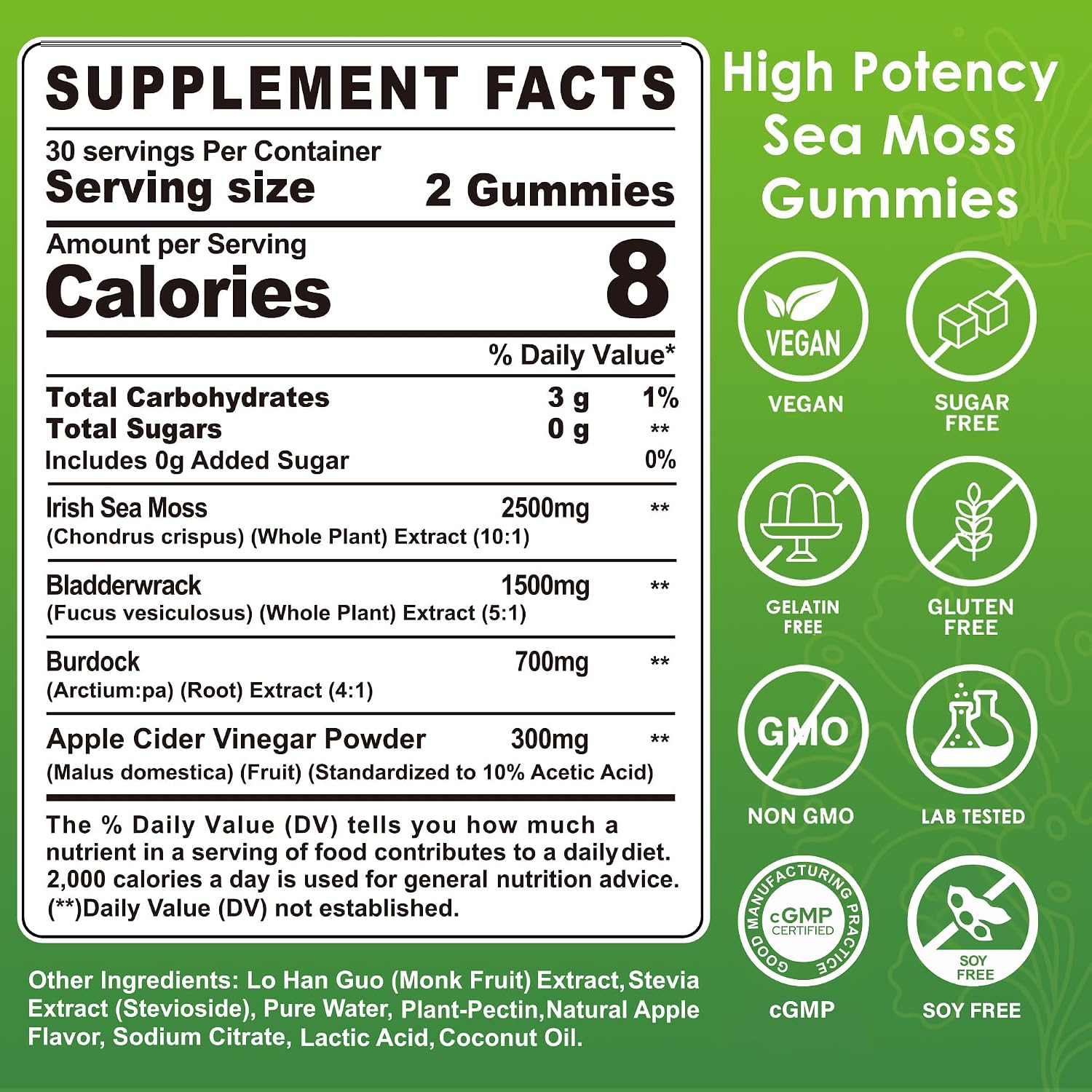 Sea Moss Gummies (2 Pack) - Gomitas de Musgo Marino Irlandés con Bladderwrack, Bardana y Vinagre de Manzana - Suplemento Superfood Vegano Sin Azúcar para Adultos y Niños
