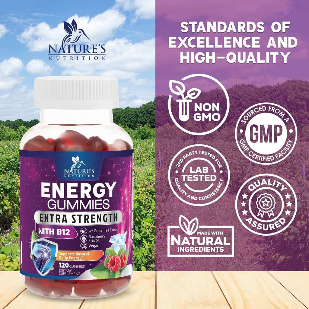Energy Gummies - Vitamina B12 1000 mcg por ración - Gominolas energéticas diarias con cafeína natural del té verde, sabor a bayas - 120 gominolas