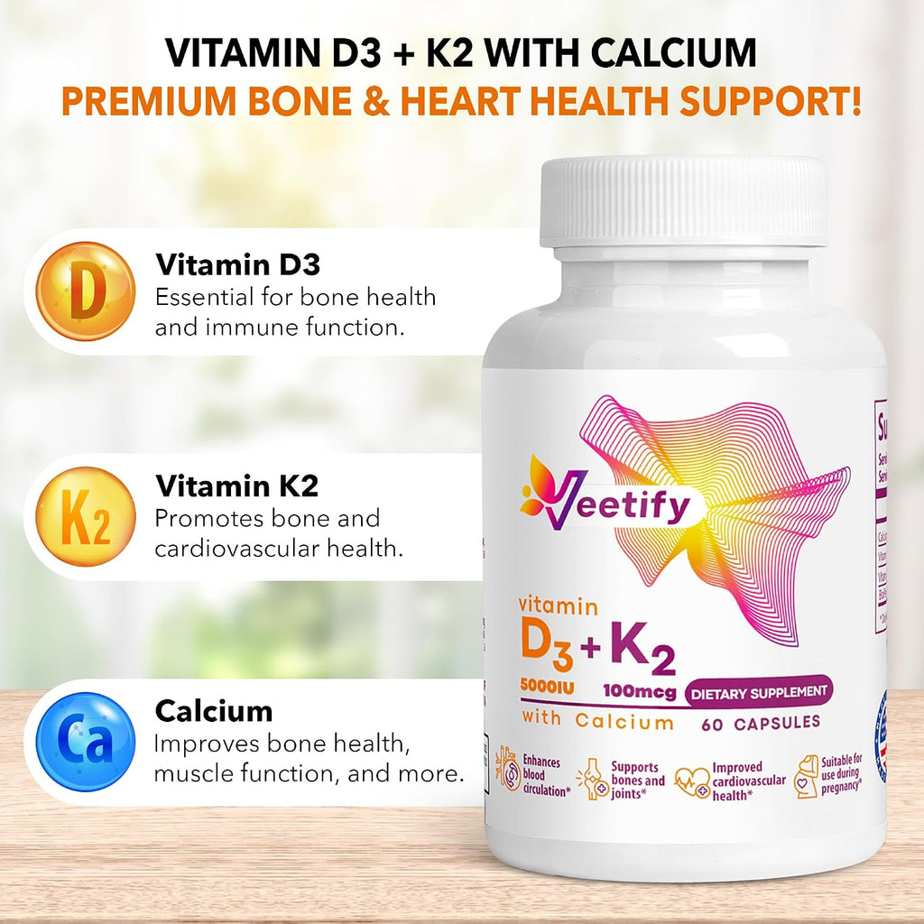 Vitamina D3 (5000 UI) + K2 (100 mcg como MK-7) con Calcio – Suplemento de Alta Absorción para la Salud Ósea, Cardíaca e Inmune – 60 Cápsulas Vegetales
