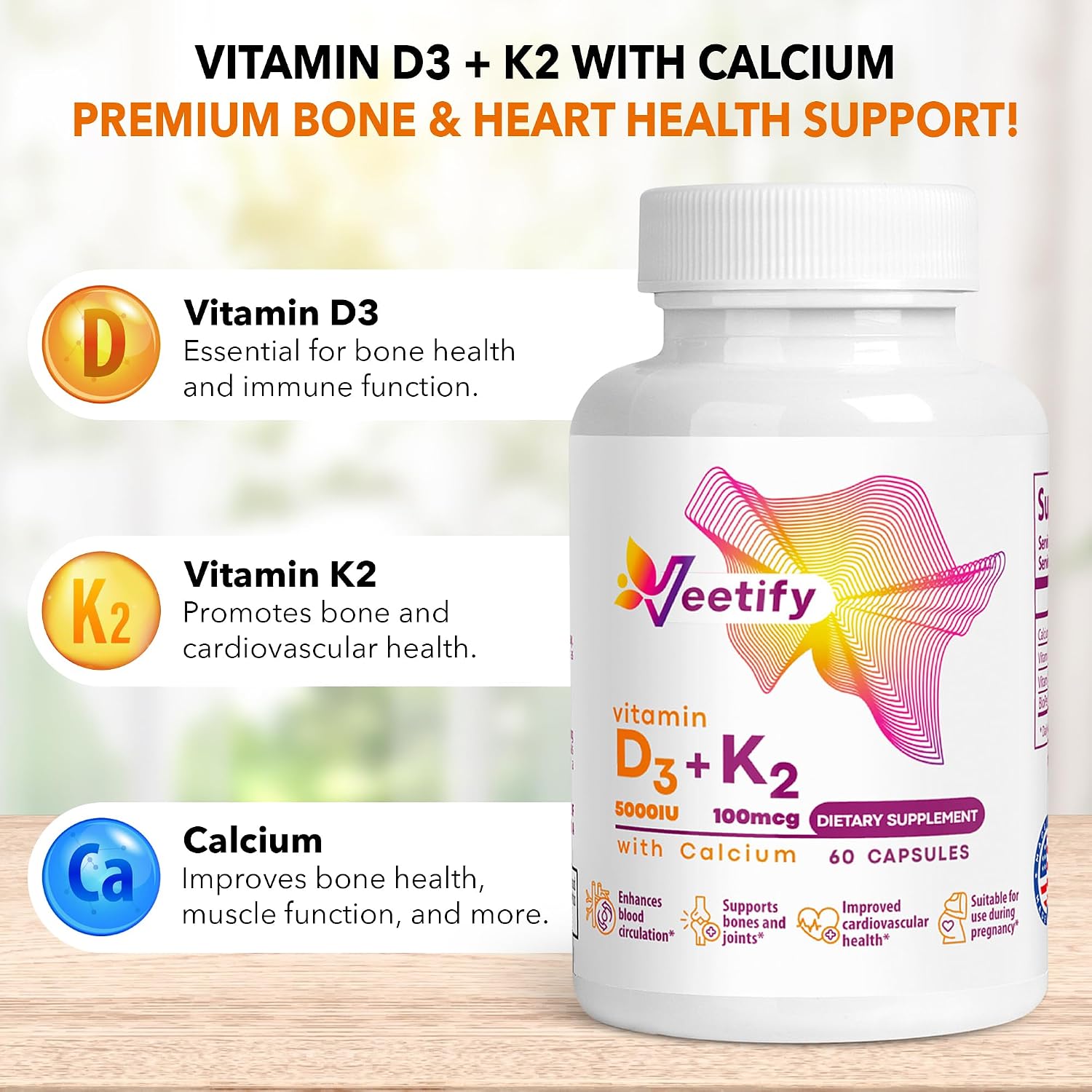 Vitamina D3 (5000 UI) + K2 (100 mcg como MK-7) con Calcio – Suplemento de Alta Absorción para la Salud Ósea, Cardíaca e Inmune – 60 Cápsulas Vegetales