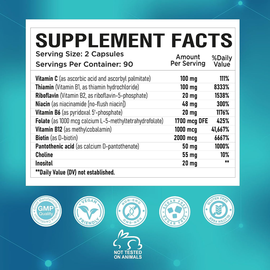NutraPep Complejo B Metilado - Vitaminas B Completo con B9 5-MTHF B6 B12 - Apoyo Energía, Cerebro y Corazón - Vegano Sin Gluten Sin Azúcar - 180 Cápsulas