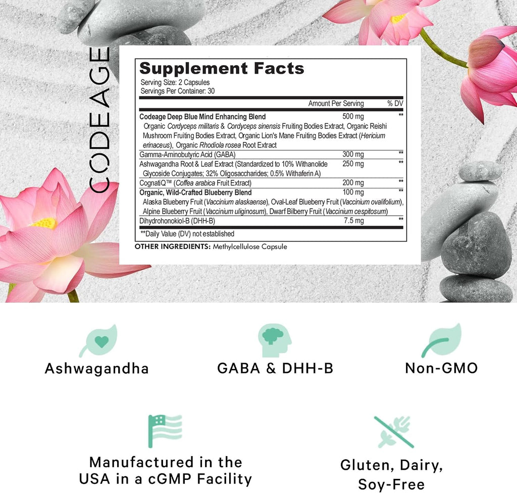 Codeage Meditate Vitaminas+ Suplemento - CognatiQ, DHH-B, GABA, Ashwagandha, Setas Orgánicas, Arándanos - 60 Cápsulas