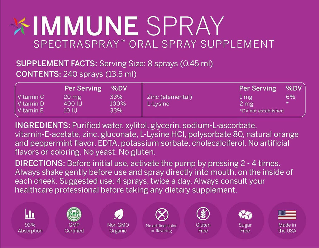 Spectraspray Immune Support Spray Vitamínico Líquido - Vitaminas C, E, Zinc y L-Lisina, 30 Días