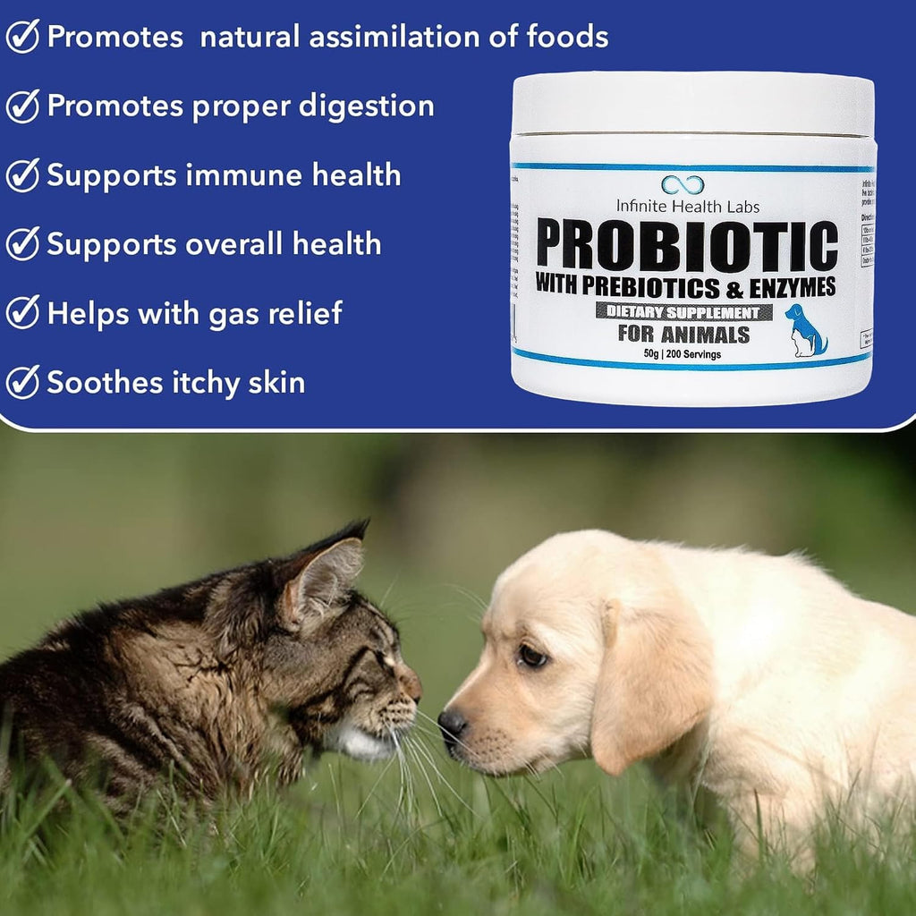 Probióticos para perros y gatos - Fórmula veterinaria, polvo con prebióticos y enzimas para salud digestiva e inmunidad - 200 raciones (50 g)
