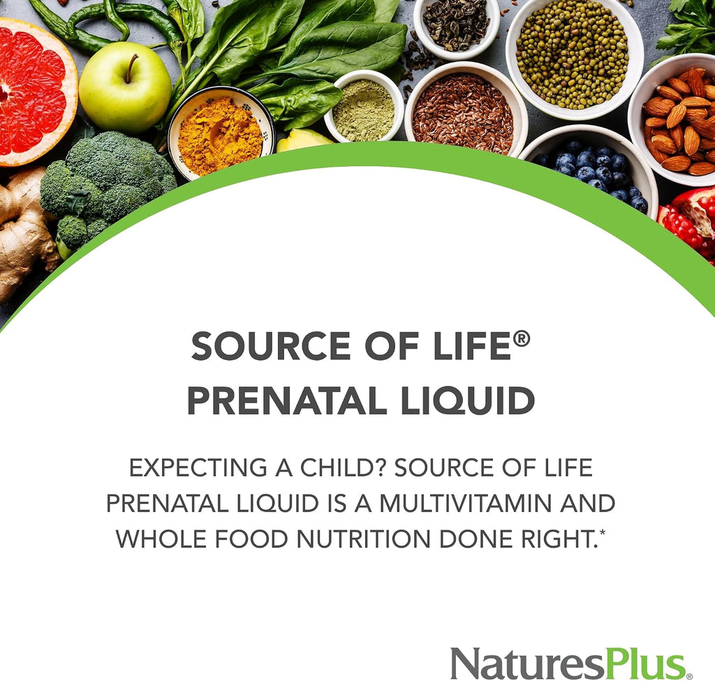 NaturesPlus Source of Life Prenatal Liquid - Sabor Tropical - 30 fl oz - Multivitamínico y Mineral con Hierro