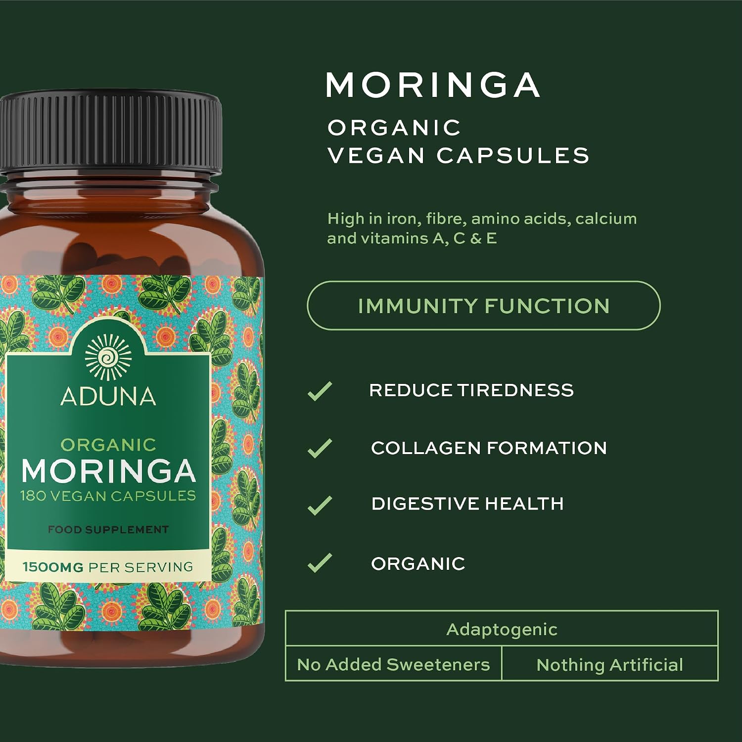 Aduna Organic Moringa Capsules 1500mg | 180 Cápsulas Veganas de Hojas de Moringa Pura