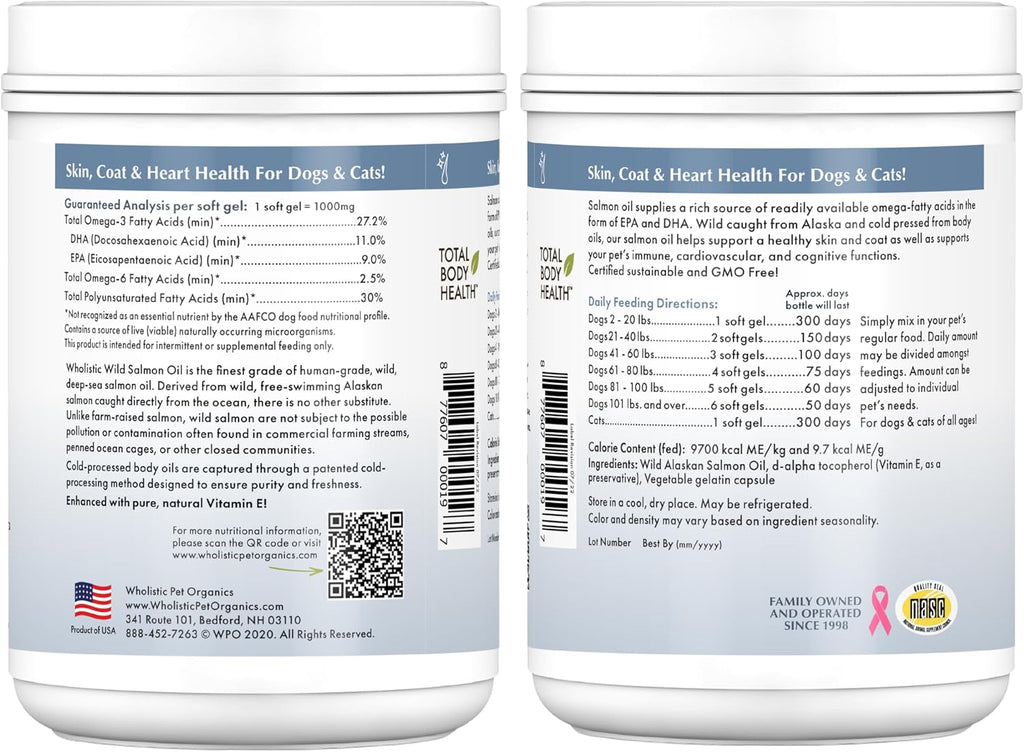 Wholistic Pet Organics Aceite de Salmón Salvaje de Alaska para Perros - Omega 3 EPA y DHA - 500 Cápsulas