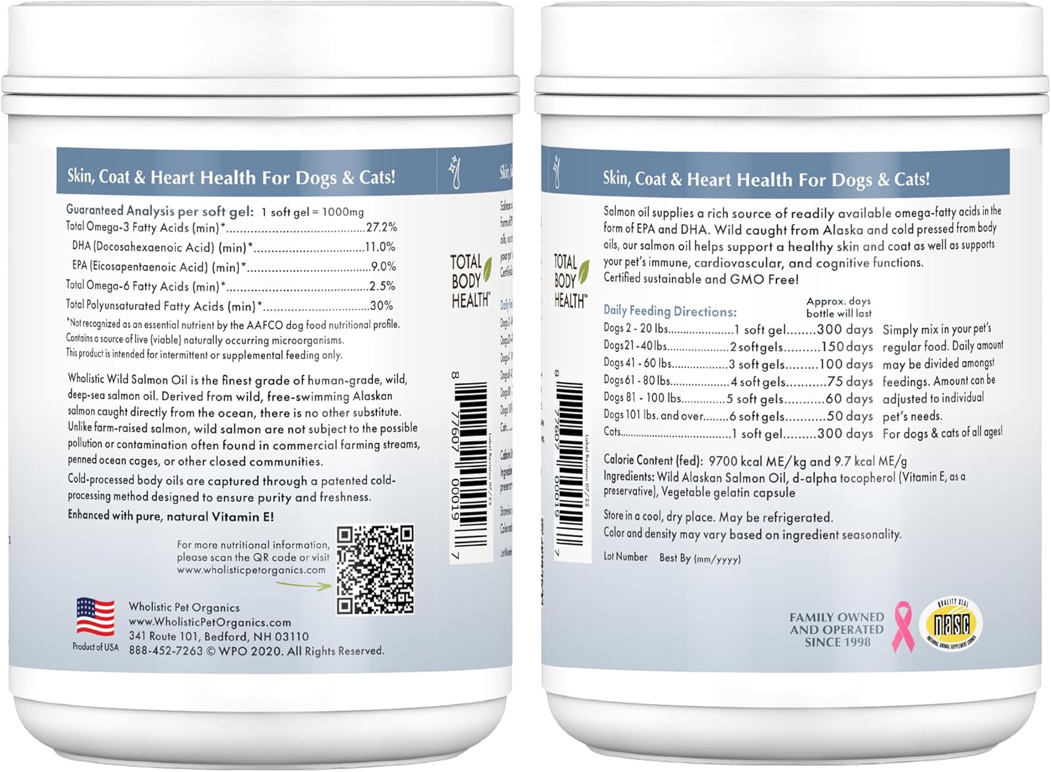 Wholistic Pet Organics Aceite de Salmón Salvaje de Alaska para Perros - Omega 3 EPA y DHA - 500 Cápsulas