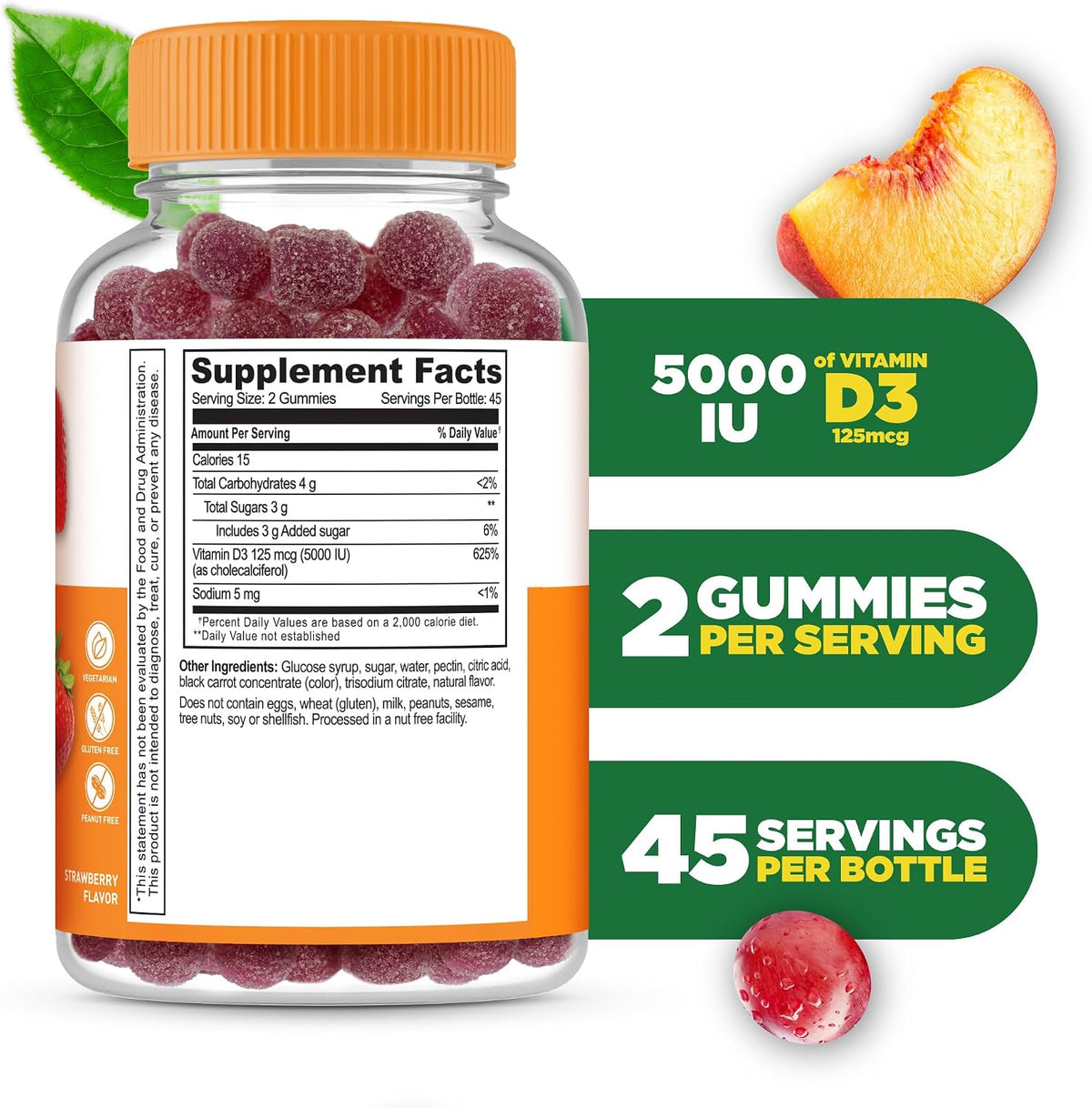 Lifeable Vitamin D3 Gummies 5000 IU - 90 – Contribuye al mantenimiento de los niveles normales de calcio en sangre. – Image 2