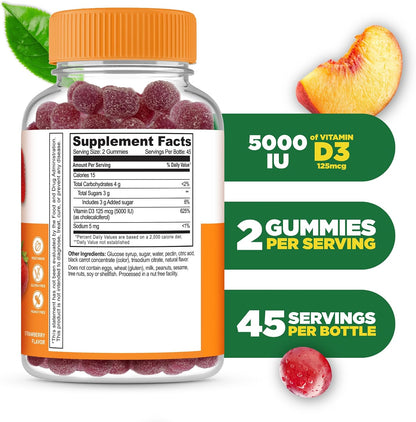 Lifeable Vitamin D3 Gummies 5000 IU - 90 – Contribuye al mantenimiento de los niveles normales de calcio en sangre. – Image 2