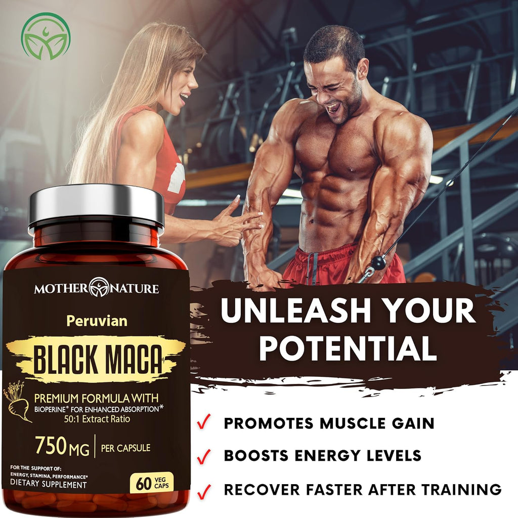 MNO Black Maca Root 50:1 750mg – Maca Negra Peruana Orgánica, 60 Cápsulas Veganas