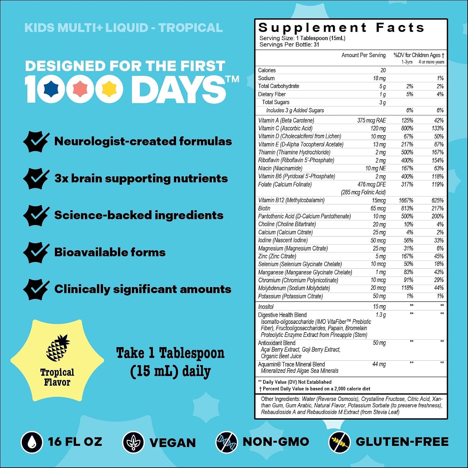 Mama Bird - Multivitamínico Líquido para Niños (31 Dosis) Sabor Tropical - Vitaminas Metiladas Activas, Superalimentos Orgánicos, Enzimas - Vegano, Sin Gluten, No GMO - 473 ml