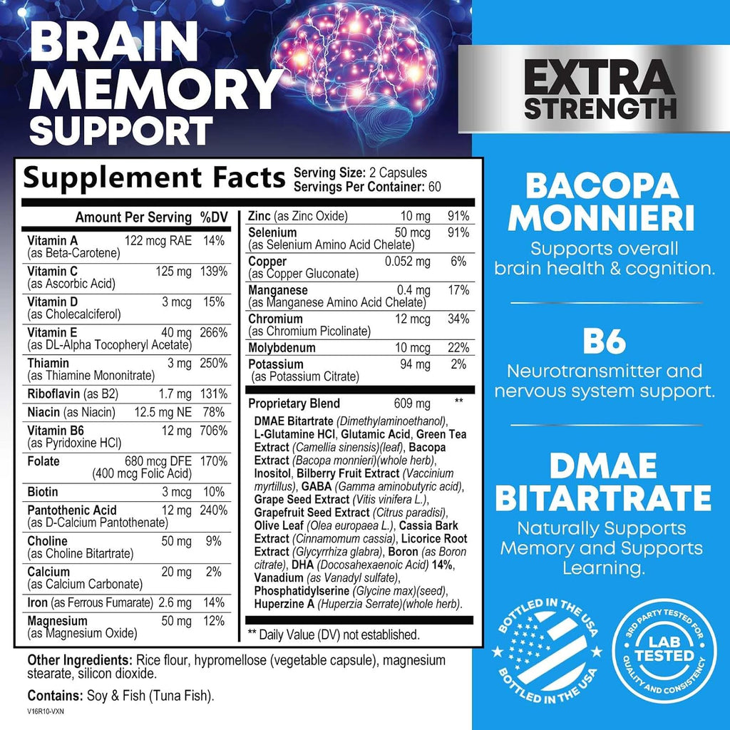 Suplemento de Memoria y Concentración - Nootrópico 3X con Bacopa, Fosfatidilserina y DMAE - 120 Cápsulas