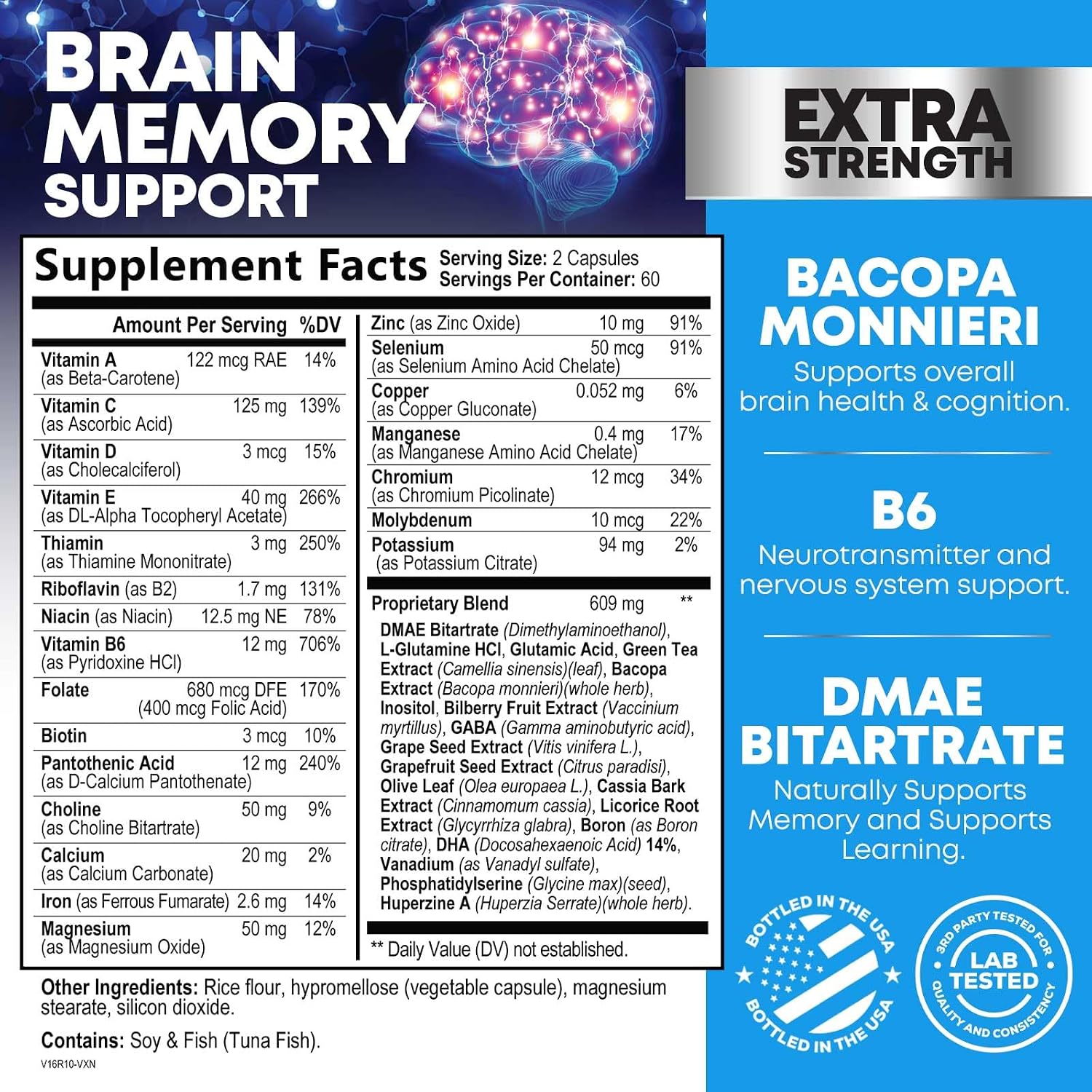 Suplemento de Memoria y Concentración - Nootrópico 3X con Bacopa, Fosfatidilserina y DMAE - 120 Cápsulas