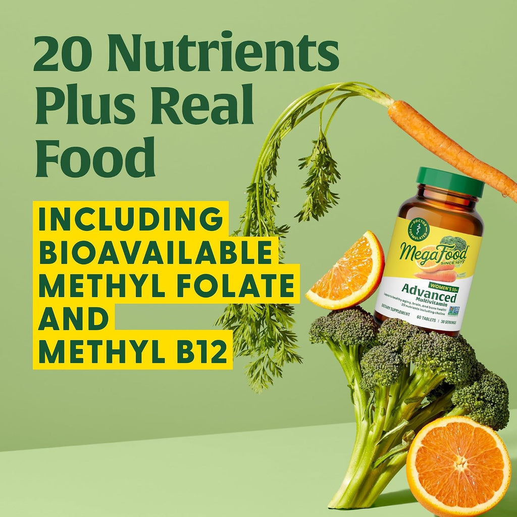 MegaFood Women's 55+ Advanced Multivitamin, with Methylated B12, Methylated Folate, Choline, Vitamin D3, Biotin, 120 Tablets (60 Servings)