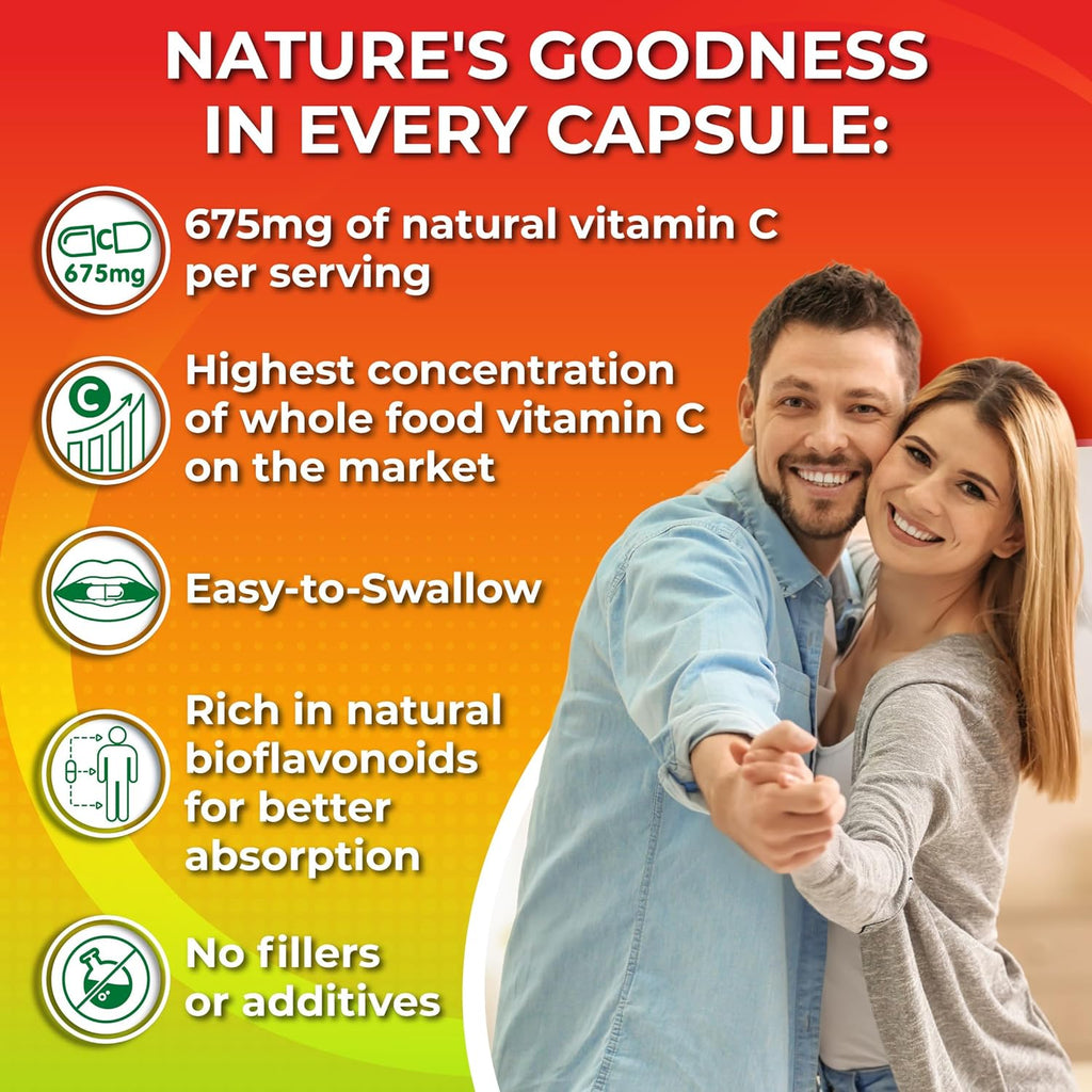 Whole Food Vitamin C Complex - 1450mg Bayas Ecológicas - 675 mg Vitamina C por Dosis, Alto Poder Antioxidante e Inmunológico con Acerola, Amla y Bioflavonoides Naturales - Vegano, No Transgénico, 120 Unidades