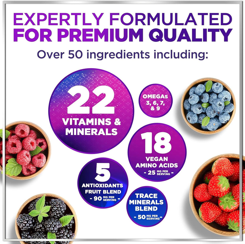 Hello Lovely! Multivitamínico Líquido Sin Azúcar - Complejo de Vitaminas A, C, D, B12, Biotina y Zinc - Sabor Bayas, 444 ml