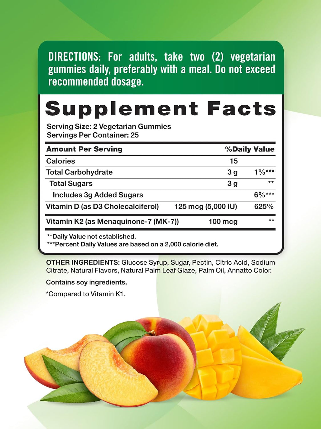 Nature's Truth Gominolas de Vitamina D3 + K2, 50 unidades, sabor Melocotón Mango, Vegetarianas, No GMO y Sin Gluten
