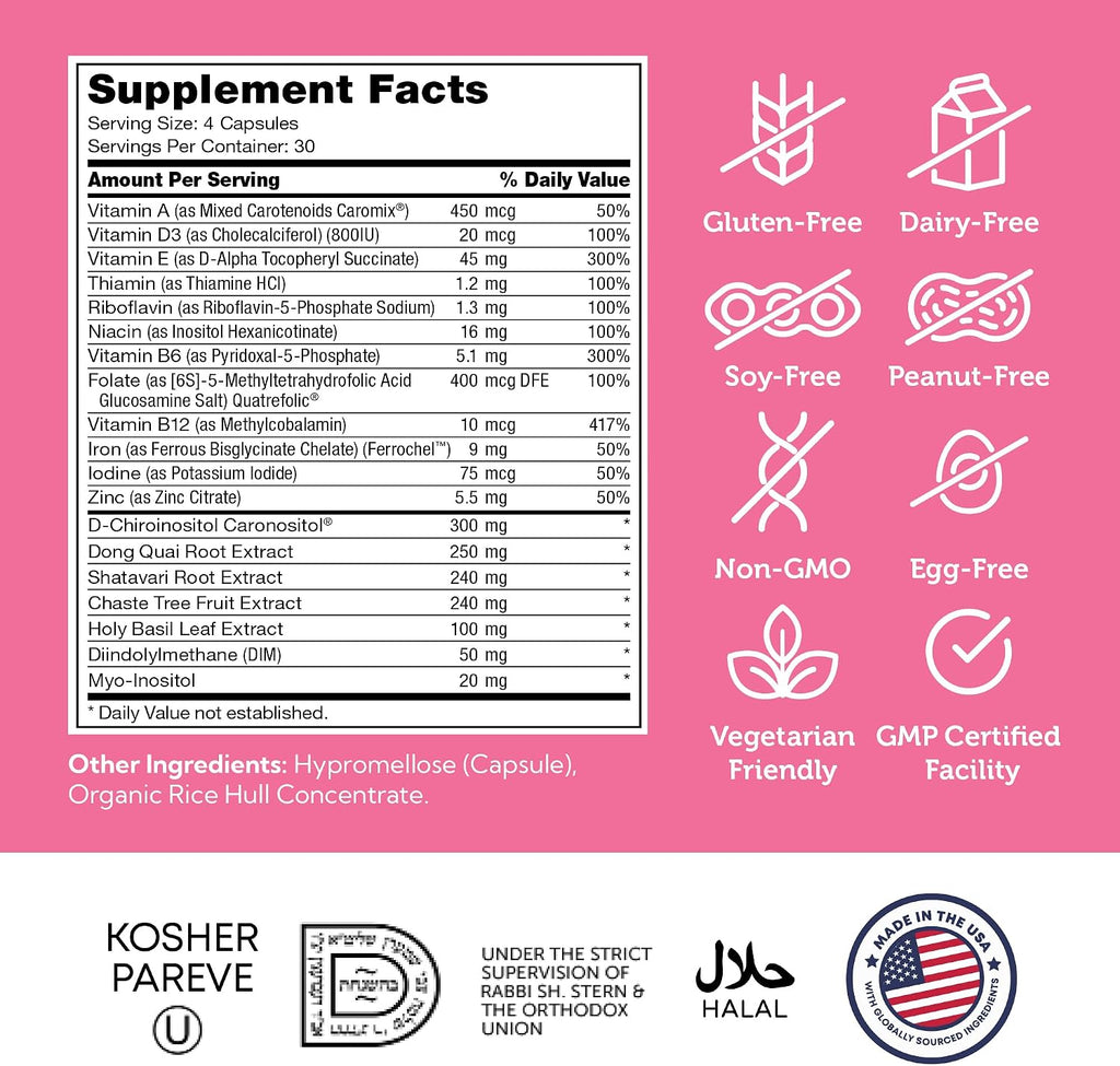 Zahler Female Totality, Suplemento de Fertilidad para Mujeres, Vitaminas Prenatales, Certificado Kosher, 120 Cápsulas