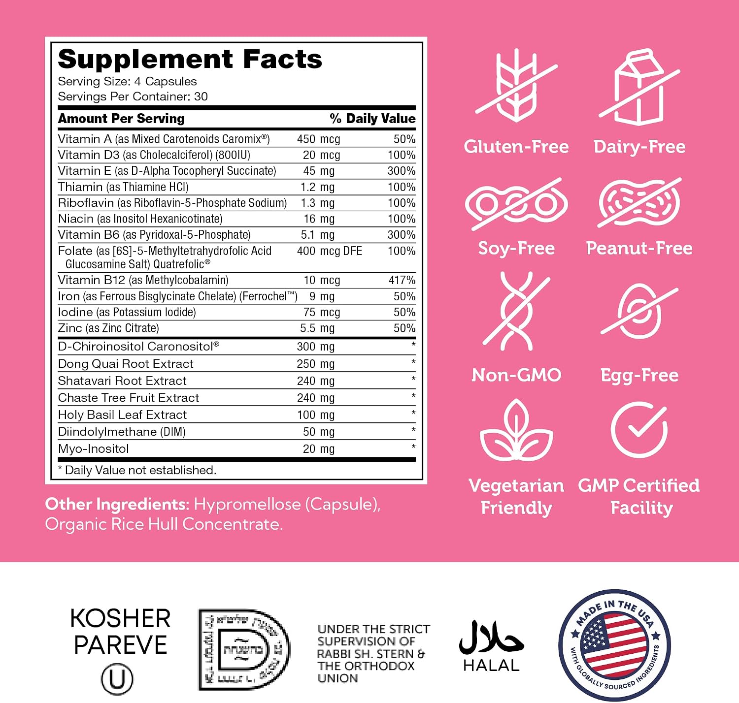 Zahler Female Totality, Suplemento de Fertilidad para Mujeres, Vitaminas Prenatales, Certificado Kosher, 120 Cápsulas