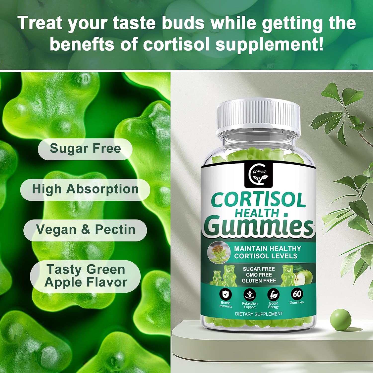 GORNVB Cortisol Gummies - Suplemento de Cortisol para Mujeres con Magnesio, Ashwagandha, Rhodiola, Fosfatidilserina, L-Teanina, Pimienta Negra, Vitamina C y B6 - Relajación, Enfoque, Sueño - Pack de 2