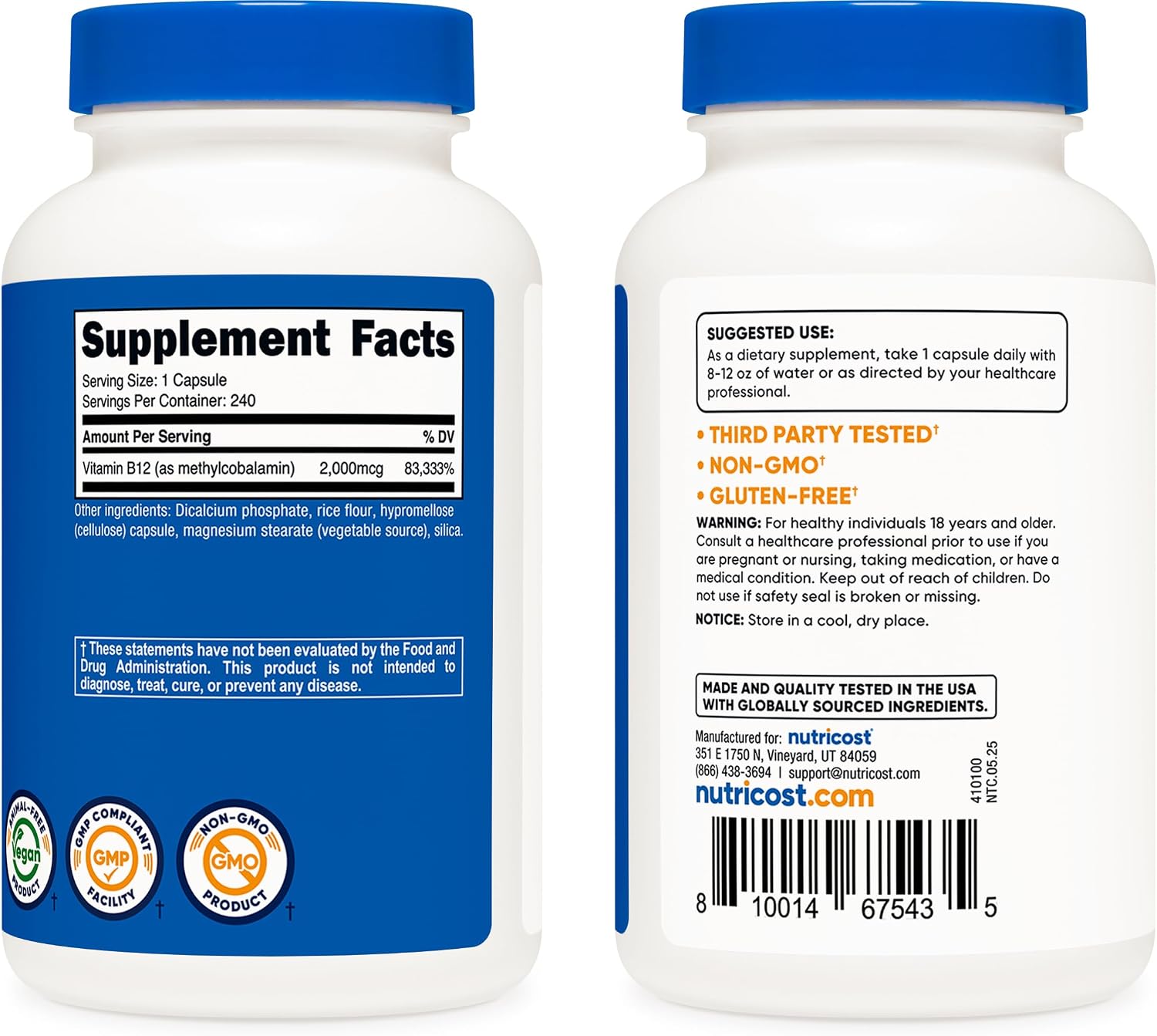 Nutricost Vitamin B12 (Methylcobalamin) 2000mcg, 240 Capsules - Vegetarian Capsules, Non-GMO, Gluten-Free