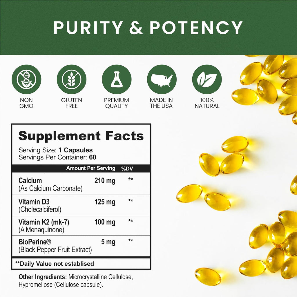 Whole Nature Vitamina D3 + K2 MK-7 con BioPerine - 5000 UI D3 + K2 MK-7 para Huesos - 60 Cápsulas Veganas
