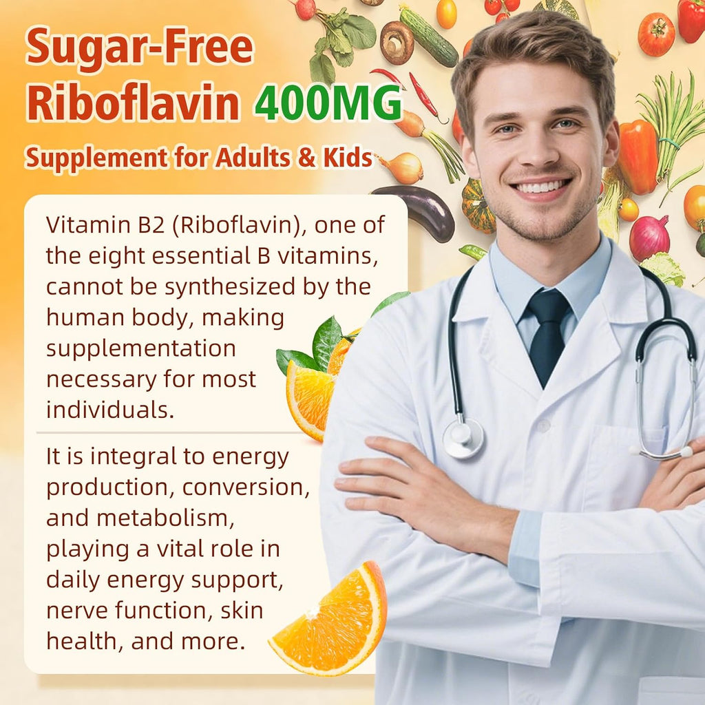 Gominolas de Vitamina B2 400mg - Riboflavina - Pack de 2 - Vegano, Sin Azúcar, Sabor Naranja - 120 Gominolas