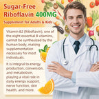 Gominolas de Vitamina B2 400mg - Riboflavina - Pack de 2 - Vegano, Sin Azúcar, Sabor Naranja - 120 Gominolas