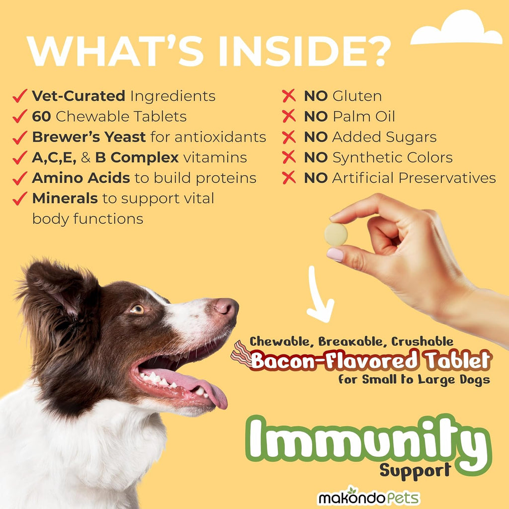 Makondo Pets Suplemento de Apoyo Inmunológico para Perros, Sabor Bacon, 60 Comprimidos