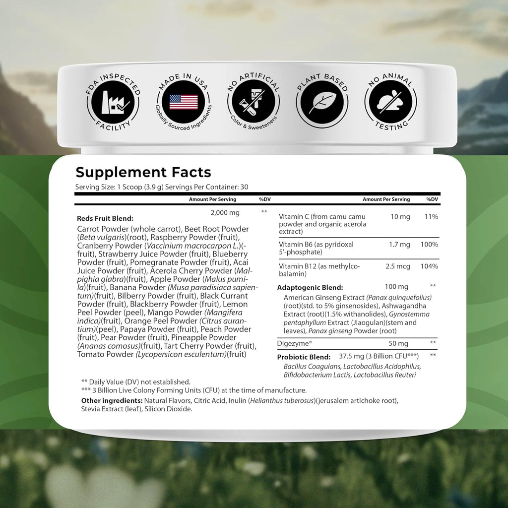 NATURES BLAST Reds - Superfood en Polvo con 23 Frutos Rojos, 4 Adaptógenos, Probióticos y Enzimas - Mezcla Vegana de Antioxidantes