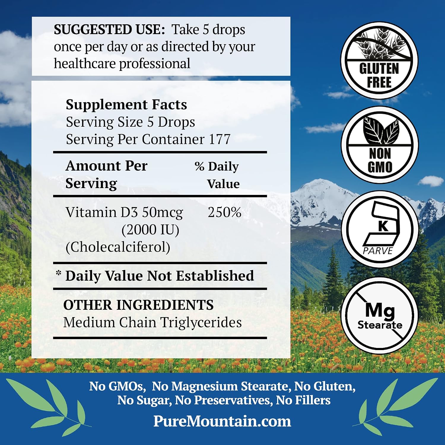Pure Mountain Botanicals Gotas de Vitamina D3 2000 UI - Suplemento Líquido de Colecalciferol