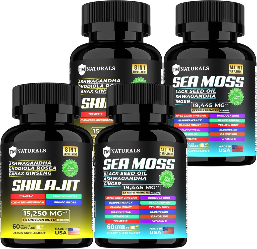 TM NATURALS Cápsulas de Sea Moss, Black Seed Oil, Ashwagandha y Jengibre - 240 cápsulas