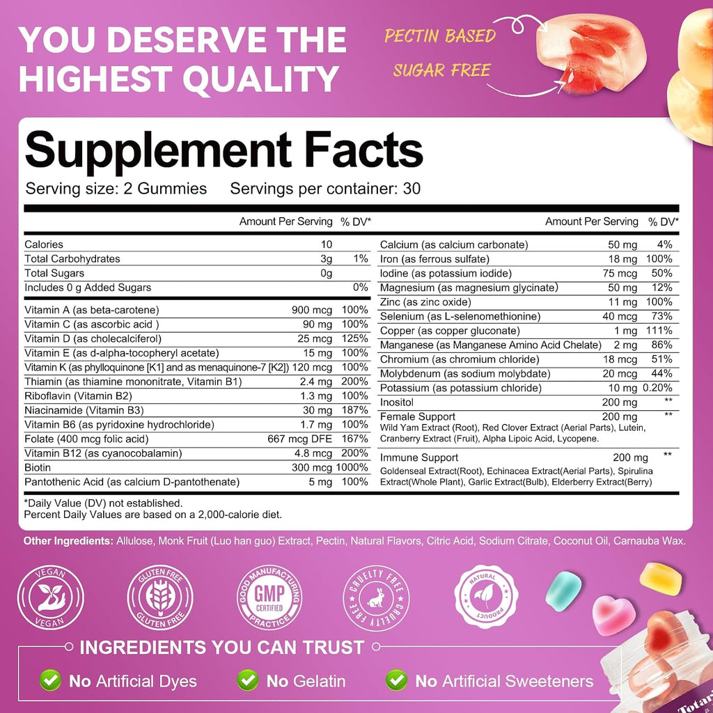 Totaria Multivitamínico para Mujeres sin Azúcar con Hierro – Gomitas con Complejo B, Vitaminas C, D3, K2, para Apoyo Nutricional Diario, Inmunidad y Piel