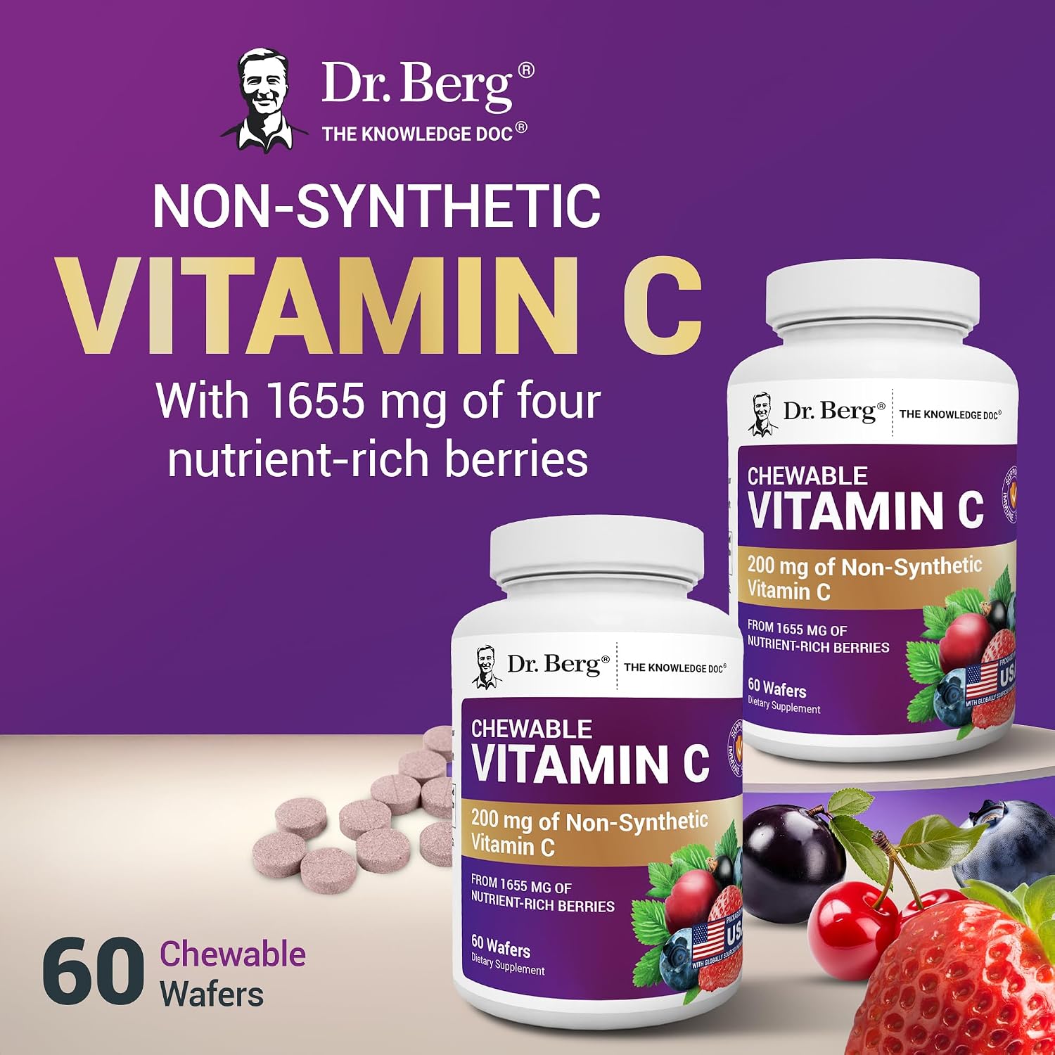 Dr. Berg Complejo de Vitamina C Masticable - Elaborado con Bayas Orgánicas No-GMO - 60 Deliciosas Pastillas