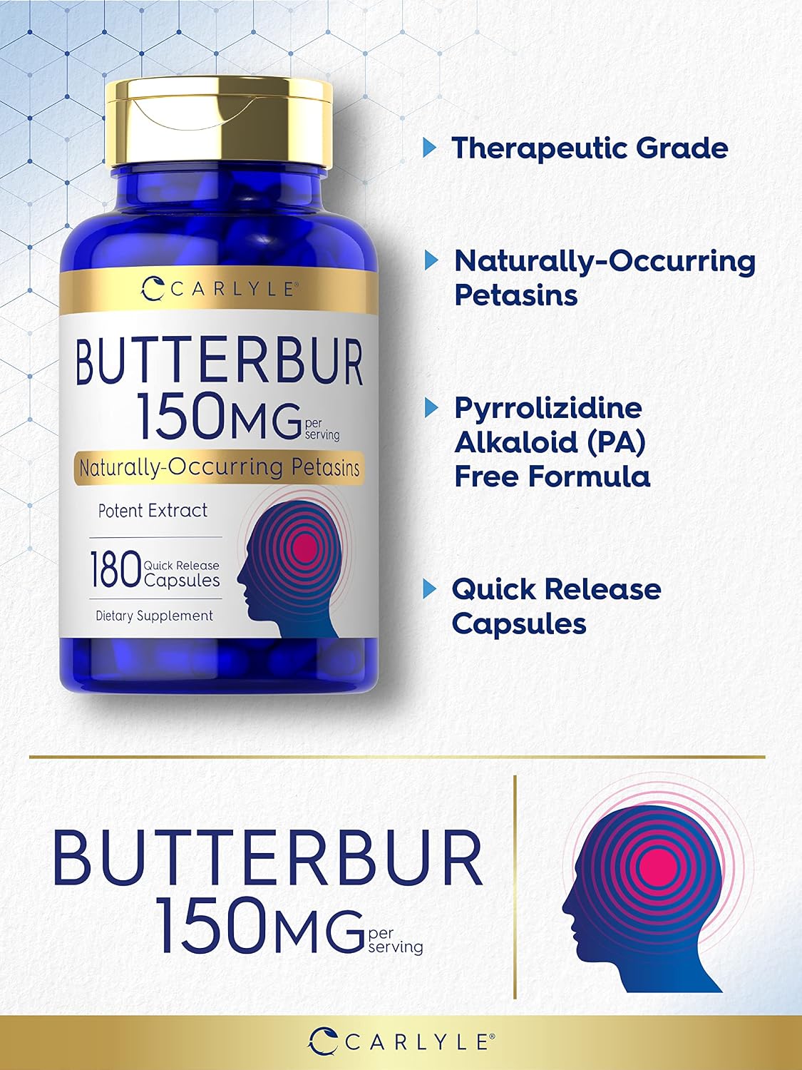 Carlyle Suplemento de Butterbur (Petasites) 150 mg | 180 Cápsulas | Extracto de Partes Aéreas Libre de PA | No Transgénico y Sin Gluten